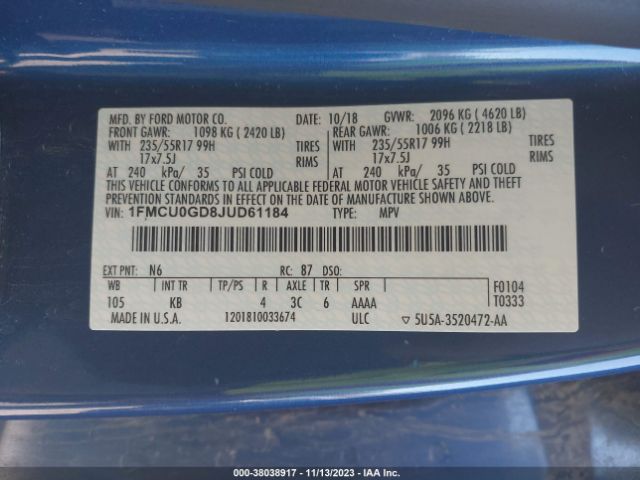 1FMCU0GD8JUD61184 Ford ESCAPE SE