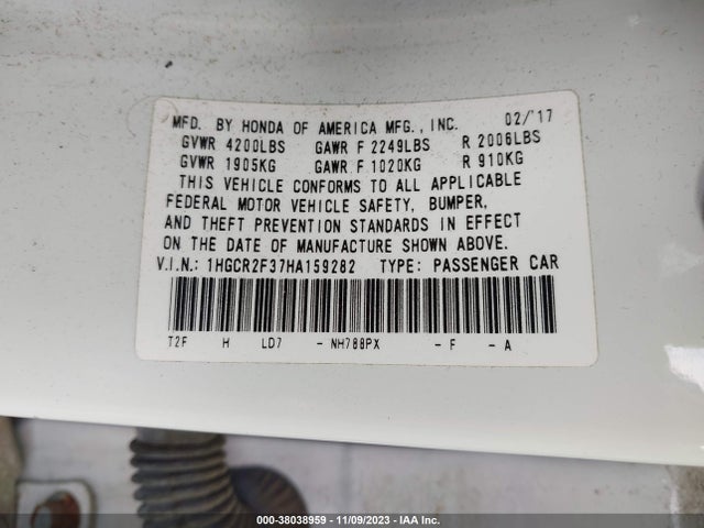 Honda ACCORD LX 2017 1HGCR2F37HA159282 Image 9