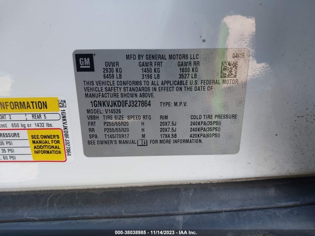 Chevrolet Traverse Ltz 2015 1GNKVJKD0FJ327864 Image 9