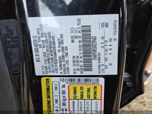 2013 FORD FUSION VIN: 3FA6P0HR5DR229603