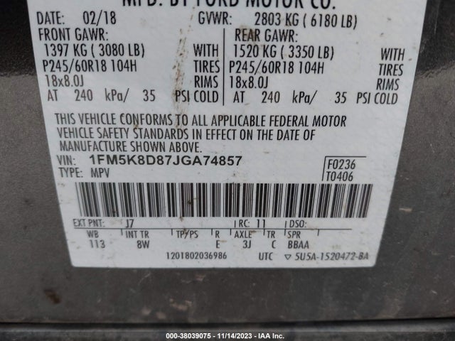 2018 FORD EXPLORER XLT VIN: 1FM5K8D87JGA74857