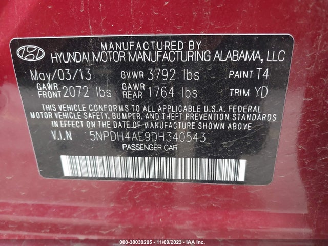 2013 HYUNDAI ELANTRA GLS VIN: 5NPDH4AE9DH340543
