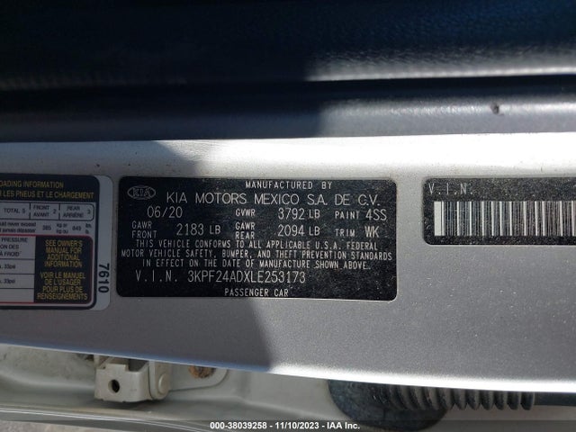 2020 KIA FORTE LXS VIN: 3KPF24ADXLE253173