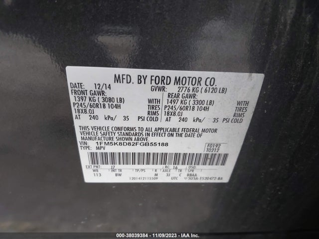 Ford EXPLORER XLT 2015 1FM5K8D82FGB55188 Image 9