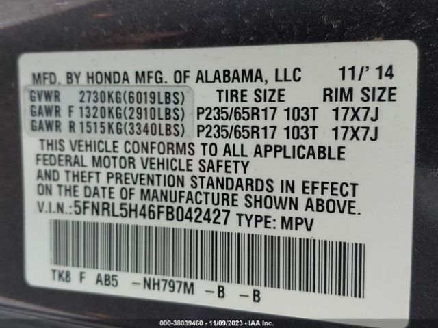 5FNRL5H46FB042427 Honda ODYSSEY EX