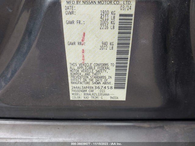 2014 NISSAN ALTIMA 2.5 S VIN: 1N4AL3AP4EN367458