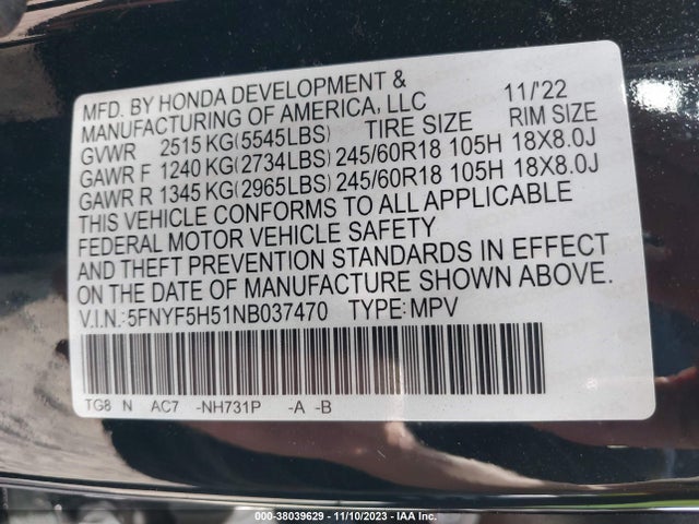 2022 HONDA PILOT 2WD EX-L VIN: 5FNYF5H51NB037470