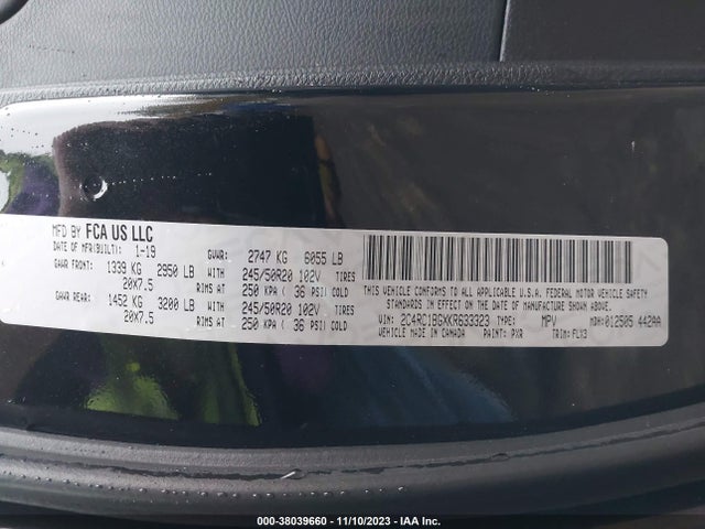 2019 CHRYSLER PACIFICA TOURING L VIN: 2C4RC1BGXKR633323