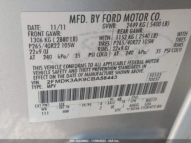 2012 FORD EDGE SPORT VIN: 2FMDK3AK9CBA58443