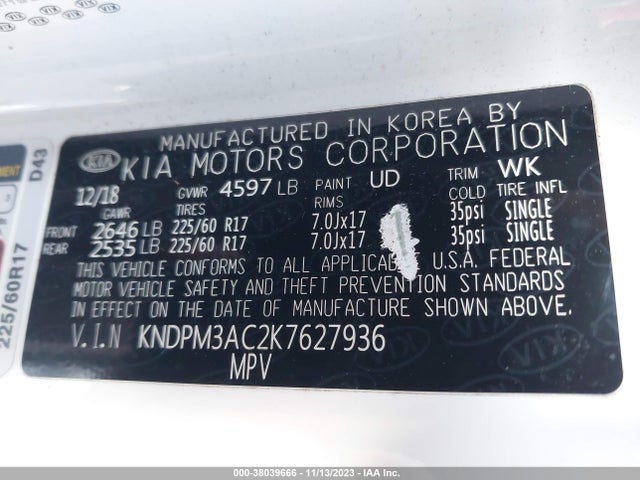 2019 KIA SPORTAGE LX VIN: KNDPM3AC2K7627936