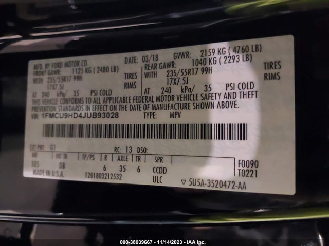 2018 FORD ESCAPE SEL VIN: 1FMCU9HD4JUB93028