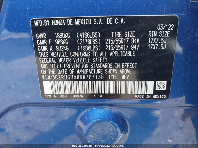 Honda HR-V EX 2022 3CZRU6H58NM767138 Image 9