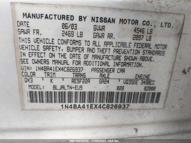 2004 NISSAN MAXIMA SE VIN: 1N4BA41EX4C826937