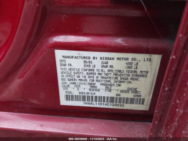 2004 NISSAN ALTIMA S VIN: 1N4AL11D14C120032