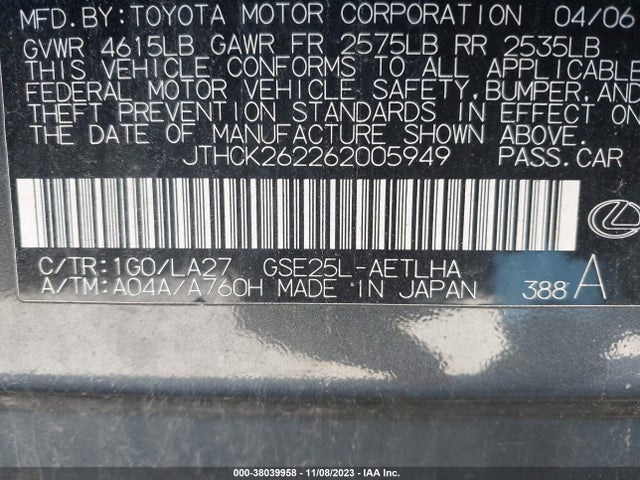 2006 LEXUS IS 250 AUTO VIN: JTHCK262262005949