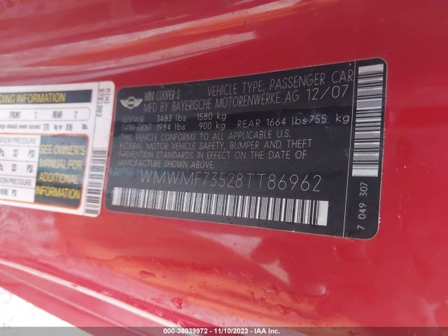 2008 MINI COOPER S WMWMF73528TT86962 Photo 8
