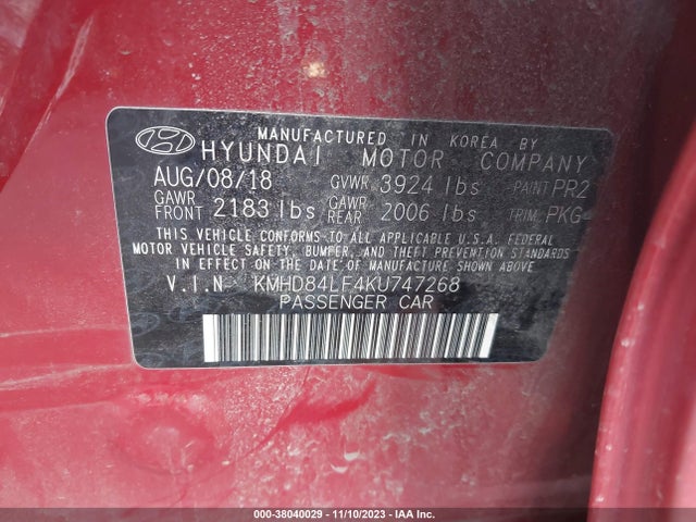 2019 HYUNDAI ELANTRA SEL VIN: KMHD84LF4KU747268