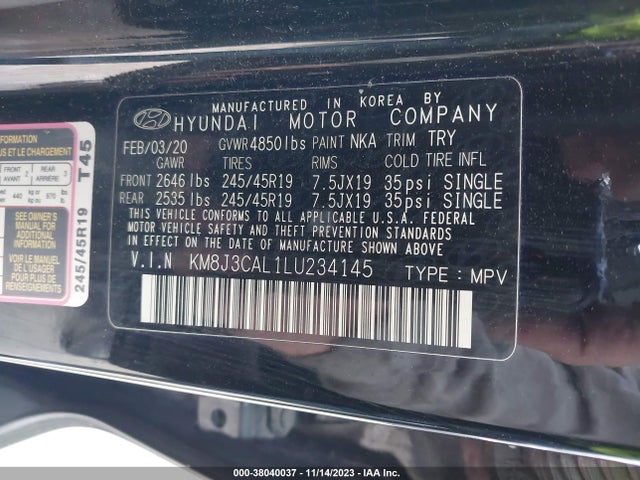 2020 HYUNDAI TUCSON SPORT VIN: KM8J3CAL1LU234145