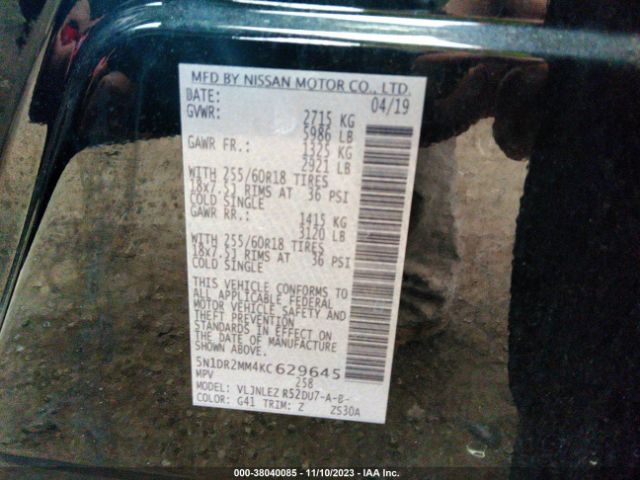 5N1DR2MM4KC629645 Nissan Pathfinder Sv