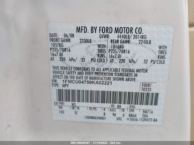 2009 FORD ESCAPE LIMITED VIN: 1FMCU04759KA02221