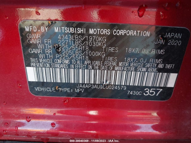 2020 MITSUBISHI OUTLANDER SPORT 2.0 BE/2.0 ES/2.0 SP VIN: JA4AP3AU9LU024579