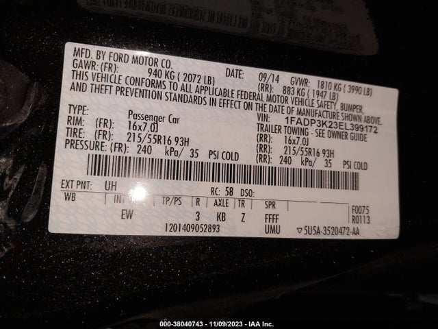 2014 FORD FOCUS SE VIN: 1FADP3K23EL399172
