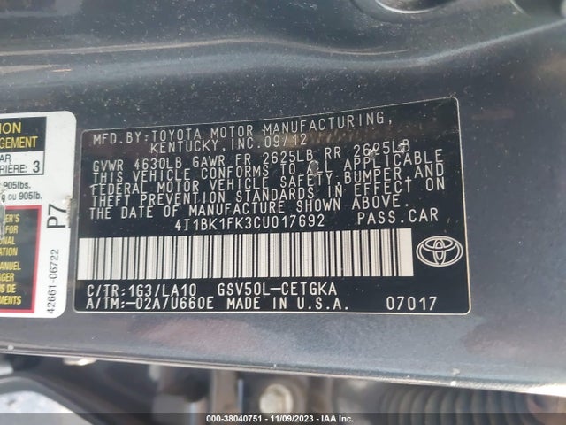 2012 TOYOTA CAMRY XLE V6 VIN: 4T1BK1FK3CU017692
