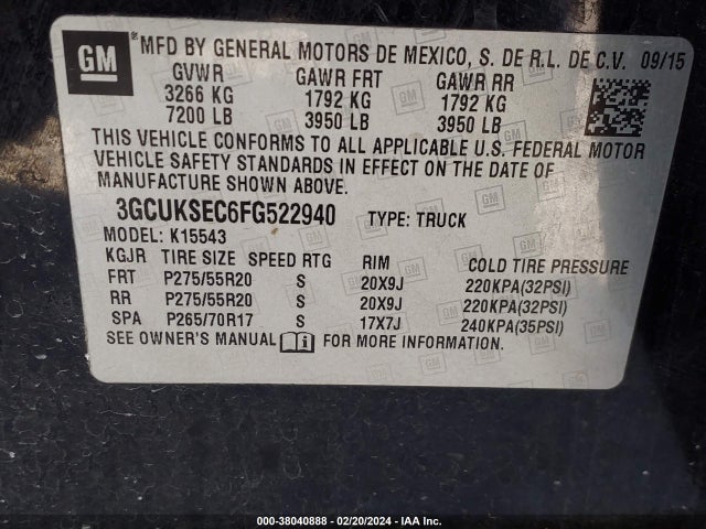 Chevrolet Silverado 1500 2lz 2015 3GCUKSEC6FG522940 Image 9