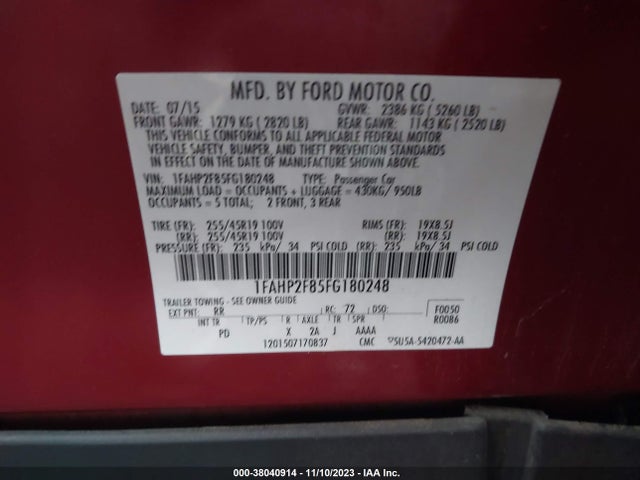 Ford Taurus Limited 2015 1FAHP2F85FG180248 Image 9