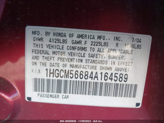 2004 HONDA ACCORD SDN EX VIN: 1HGCM56684A164589