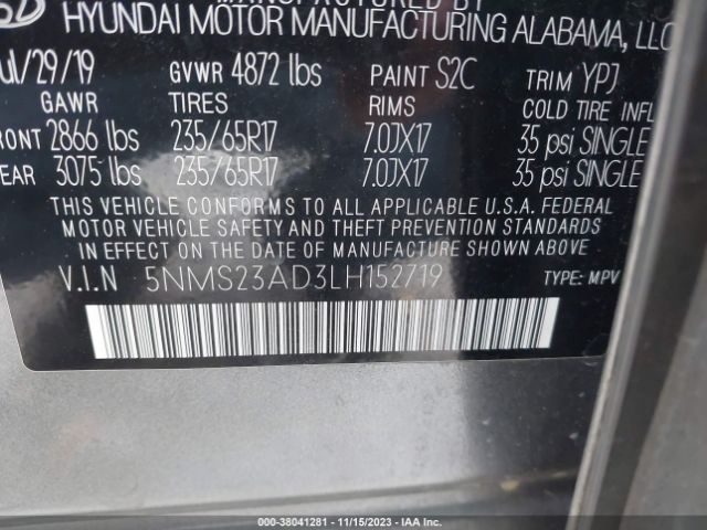 5NMS23AD3LH152719 Hyundai Santa Fe Se