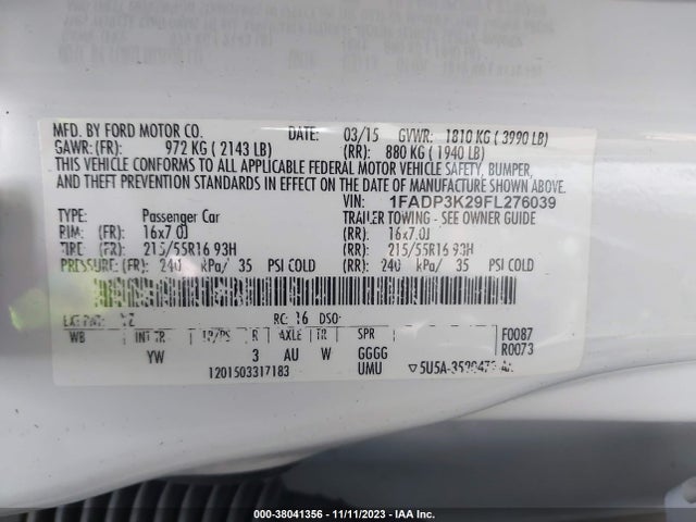 2015 FORD FOCUS SE VIN: 1FADP3K29FL276039