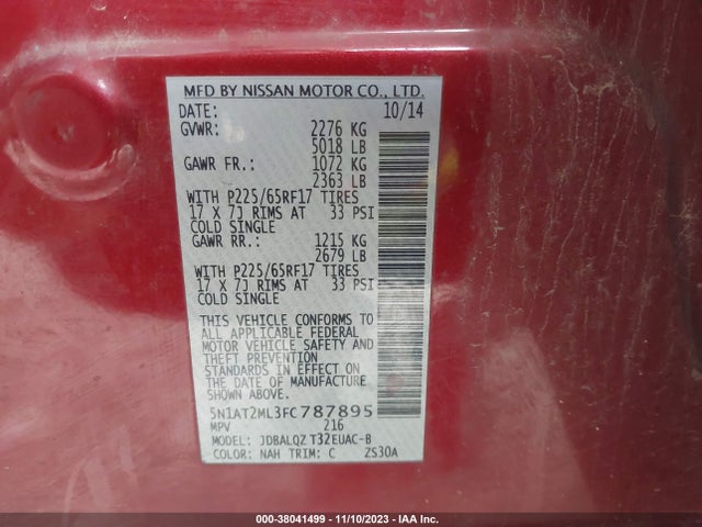 2015 NISSAN ROGUE SV VIN: 5N1AT2ML3FC787895