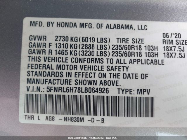 5FNRL6H78LB064926 Honda Odyssey Ex-l/ex-l W/navi & Res