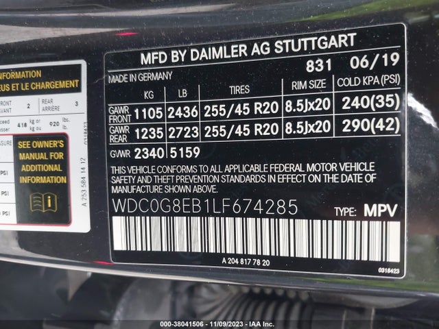 2020 MERCEDES-BENZ GLC 300 VIN: WDC0G8EB1LF674285