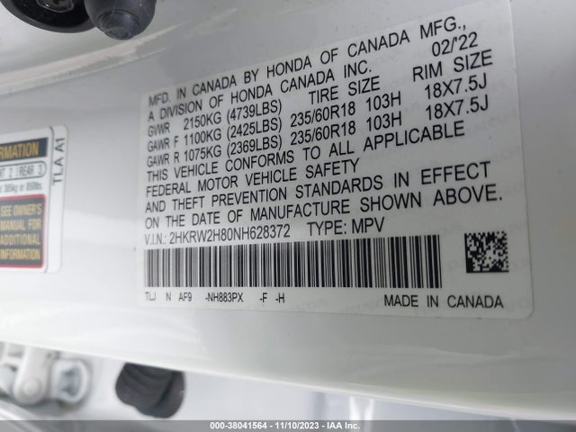Honda Cr-v Awd Ex-l 2022 2HKRW2H80NH628372 Image 9