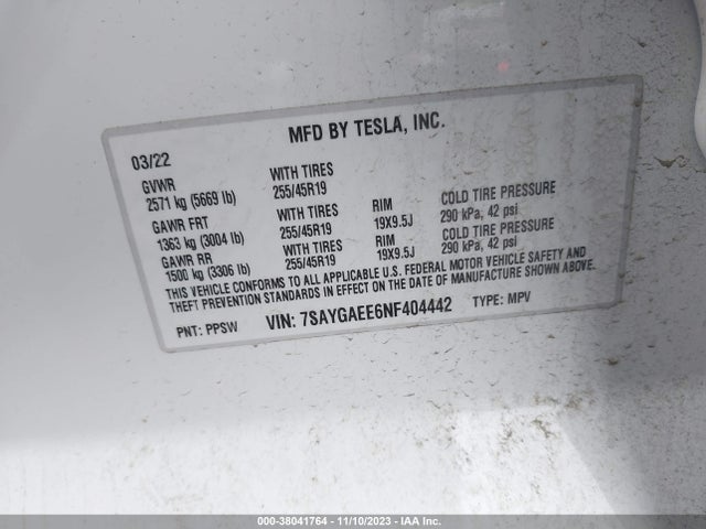 Tesla Model Y Long Range 2022 7SAYGAEE6NF404442 Image 9