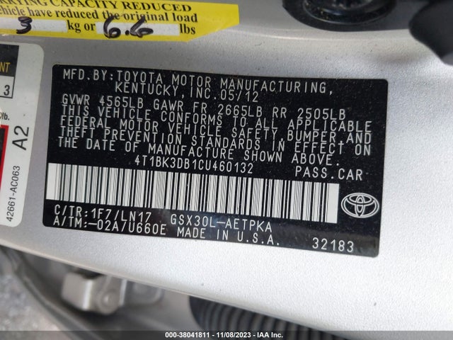 2012 TOYOTA AVALON LIMITED VIN: 4T1BK3DB1CU460132