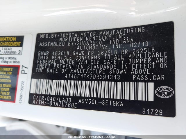 2013 TOYOTA CAMRY XLE VIN: 4T4BF1FK7DR291313