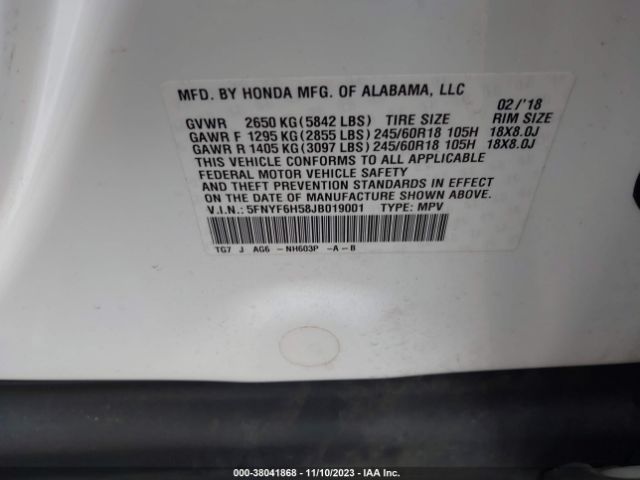 5FNYF6H58JB019001 Honda Pilot Ex-l