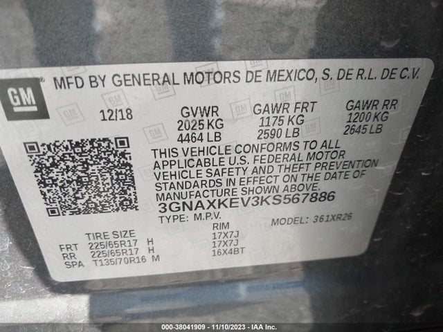 2019 CHEVROLET EQUINOX LT VIN: 3GNAXKEV3KS567886