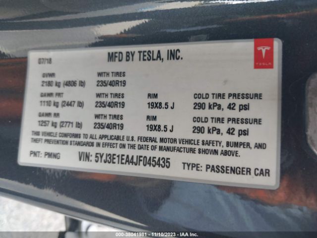 5YJ3E1EA4JF045435 Tesla Model 3 Range Battery
