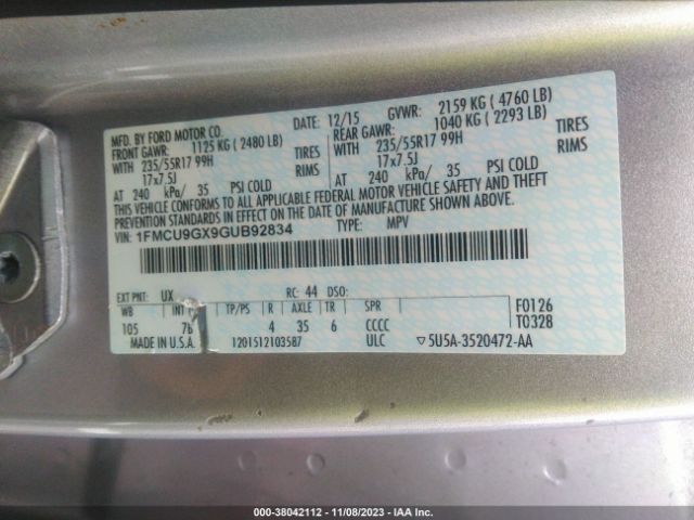 1FMCU9GX9GUB92834 Ford ESCAPE SE