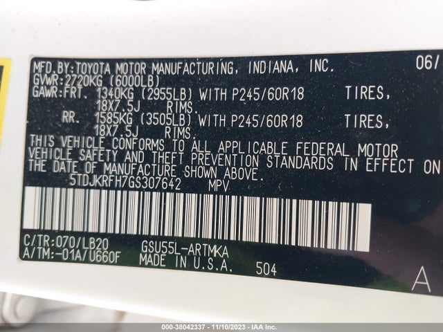 Toyota Highlander Xle V6 2016 5TDJKRFH7GS307642 Image 9