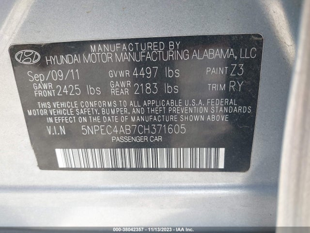 2012 HYUNDAI SONATA SE 2.0T VIN: 5NPEC4AB7CH371605
