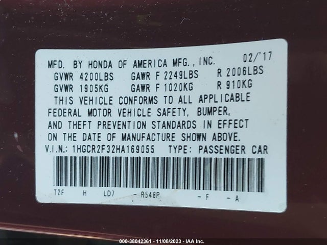 2017 HONDA ACCORD LX VIN: 1HGCR2F32HA169055