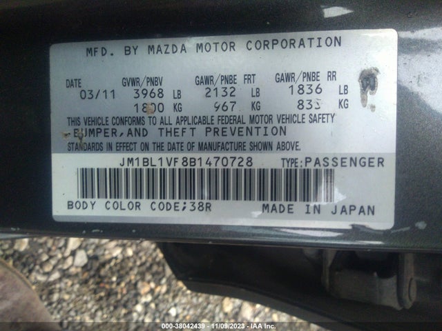 38042439 :رقم المزاد ، JM1BL1VF8B1470728 vin ، 2011 Mazda Mazda3 I Touring مزاد بيع