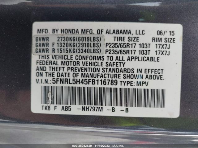 5FNRL5H45FB116789 Honda ODYSSEY EX
