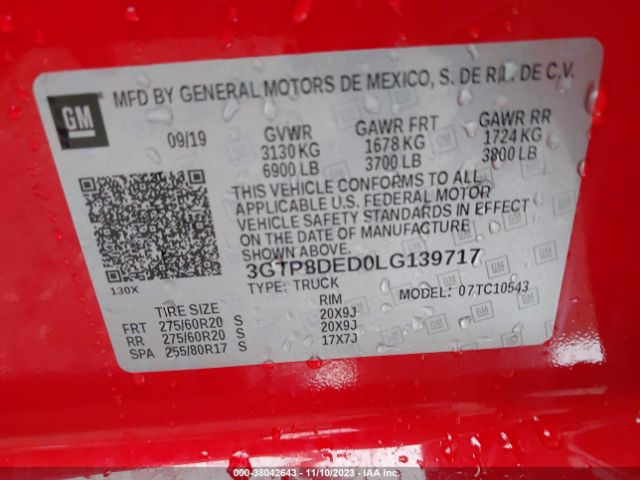3GTP8DED0LG139717 GMC Sierra 1500 2wd  Short Box Slt