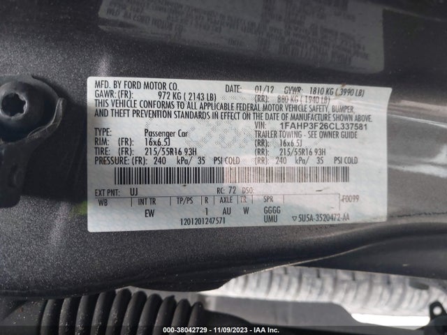 2012 FORD FOCUS SE VIN: 1FAHP3F26CL337581